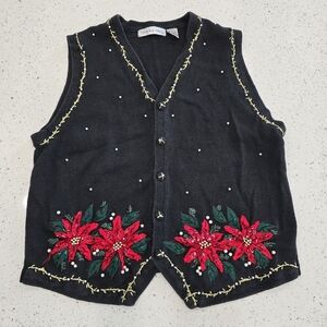Vintage Victoria Jones Christmas Cardigan Sweater Knit Vest XL 90's Poinsettias